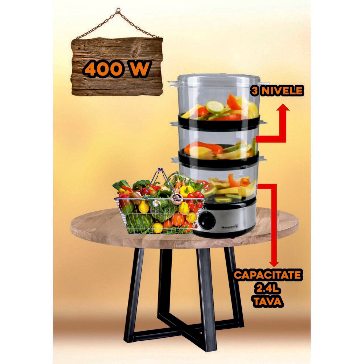 Hausberg HB-1355 gőzfőző, 400 W teljesítmény, 7,2 l, 3 kivehető tálca, űrtartalom: 2,4 l/tálca, ezüst színű