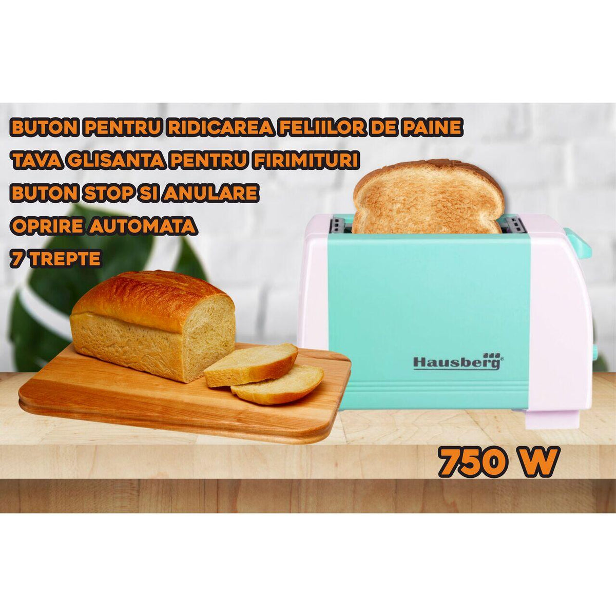 HAUSBERG HB-150BL kenyérpirító, 750 W, 2 szeletes kapacitás, 7 fokozatú hőmérséklet-szabályozás, automatikus kikapcsolás, kék