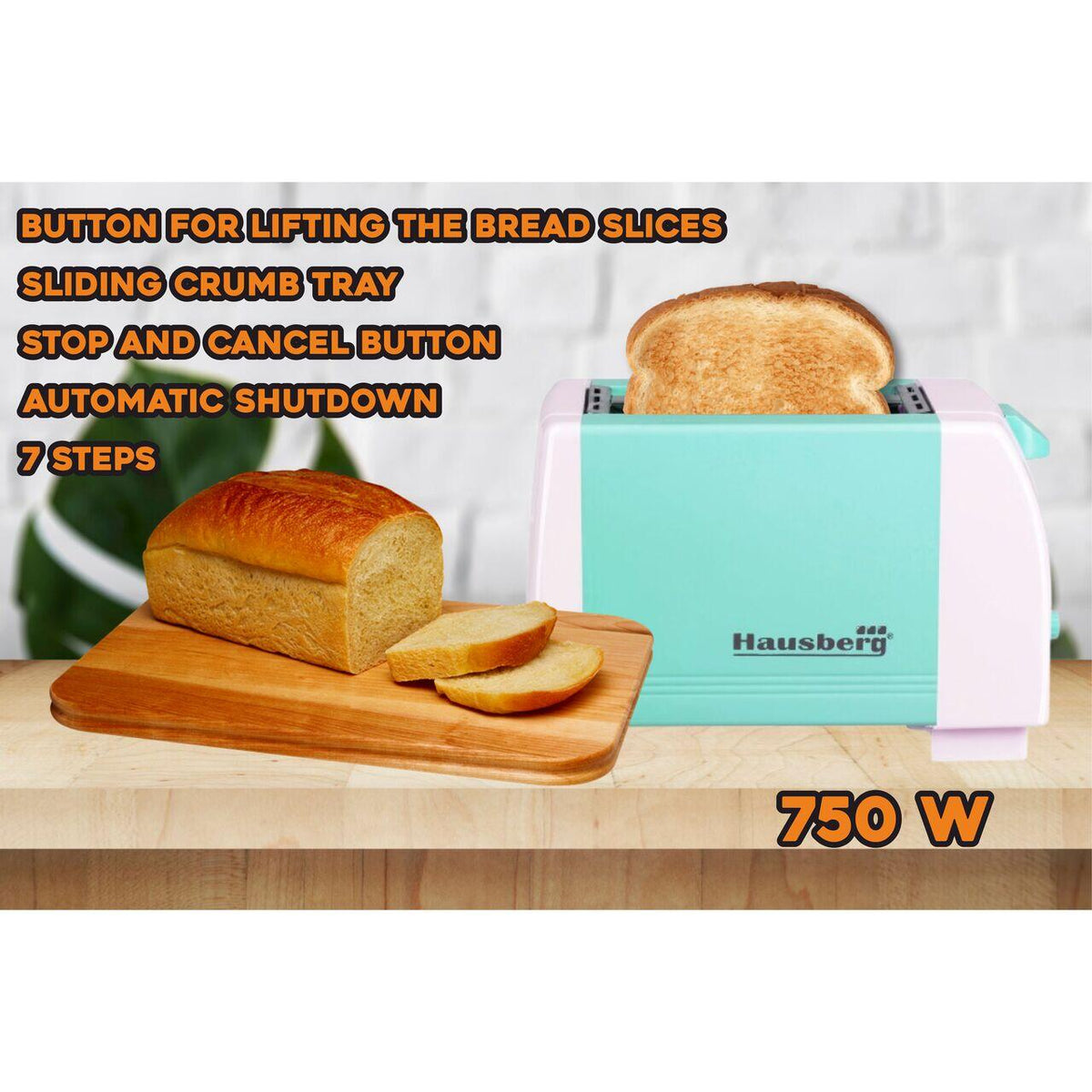 HAUSBERG HB-150BL kenyérpirító, 750 W, 2 szeletes kapacitás, 7 fokozatú hőmérséklet-szabályozás, automatikus kikapcsolás, kék