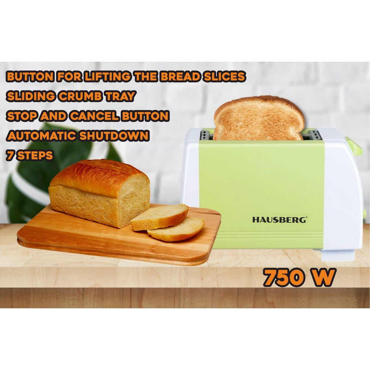 HAUSBERG HB-150VR kenyérpirító, 750 W, 2 szeletes kapacitás, 7 fokozatú hőmérséklet-szabályozás, automatikus kikapcsolás, zöld