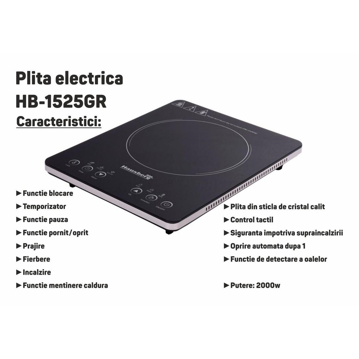 Hausberg HB-1525GR elektromos főzőlap, szürke, 2000W, érintőképernyős