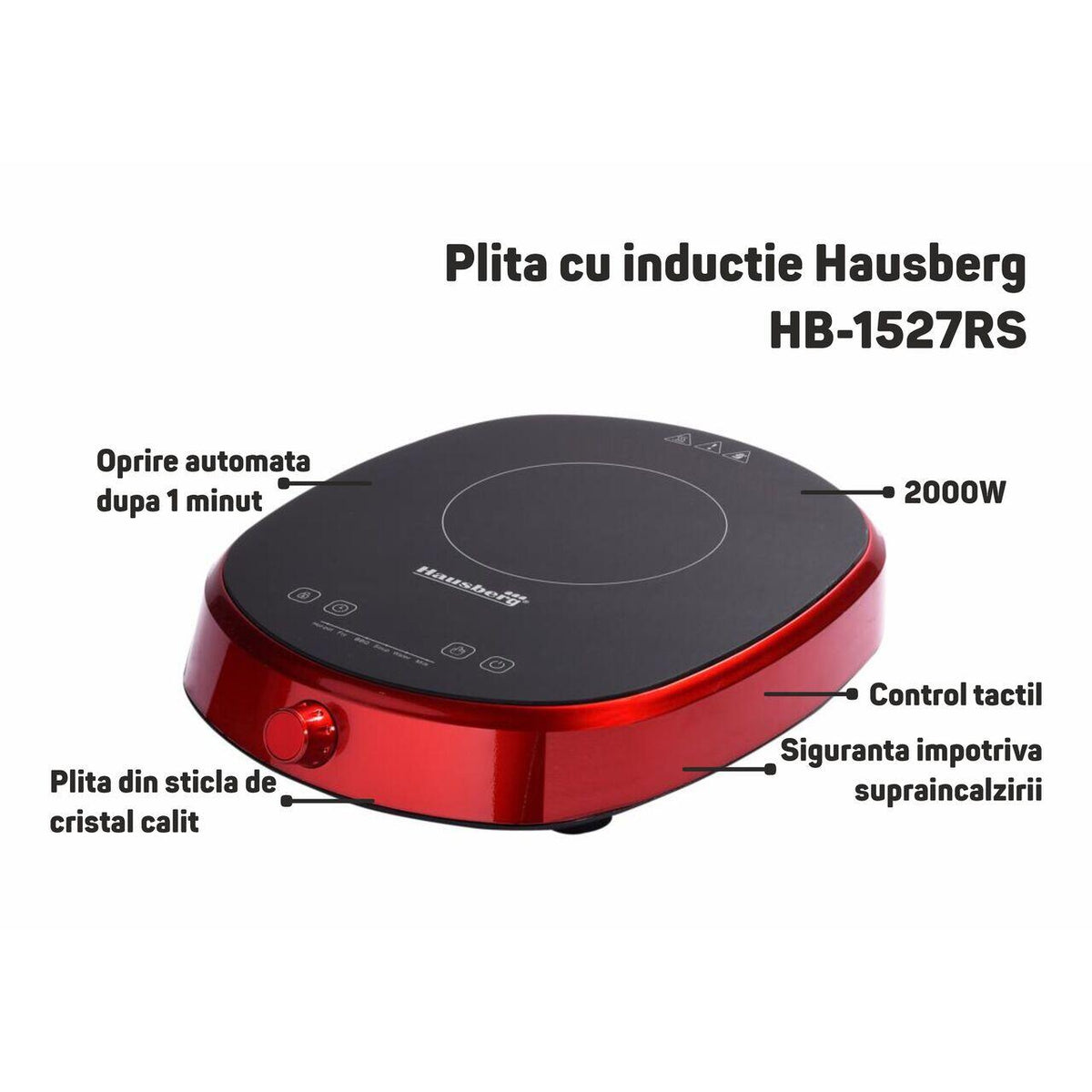 Hausberg HB-1527RS indukciós főzőlap, 2000W, érintővezérlés, egy főzőzóna, piros