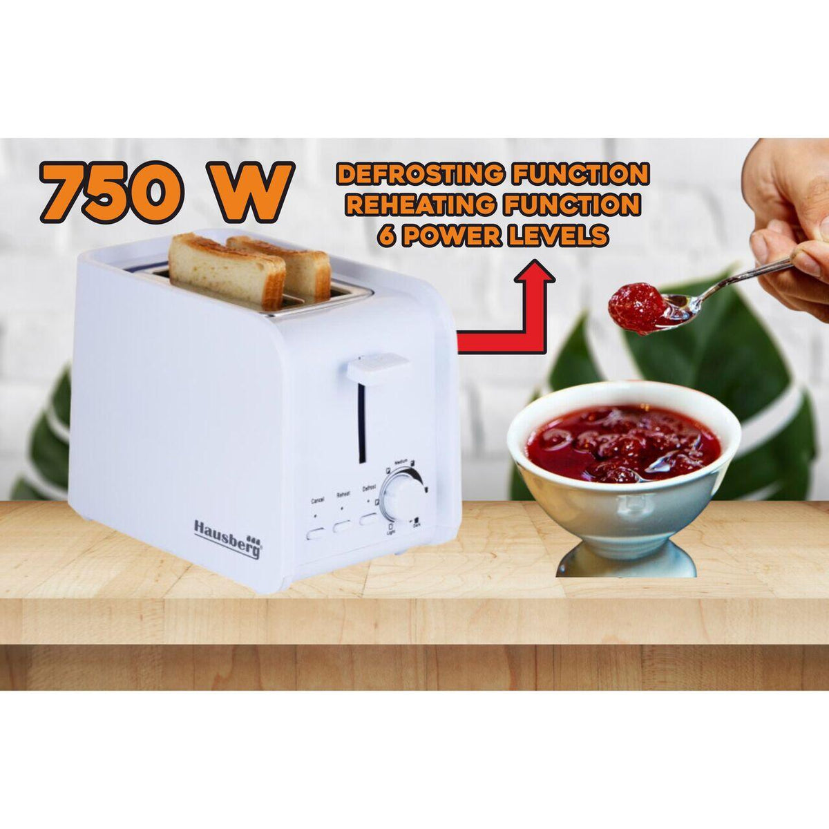 Hausberg HB-195A kenyérpirító, 750 W, 2 szelet, kiolvasztás funkció, újramelegítés funkció, 6 teljesítményfokozat, fehér