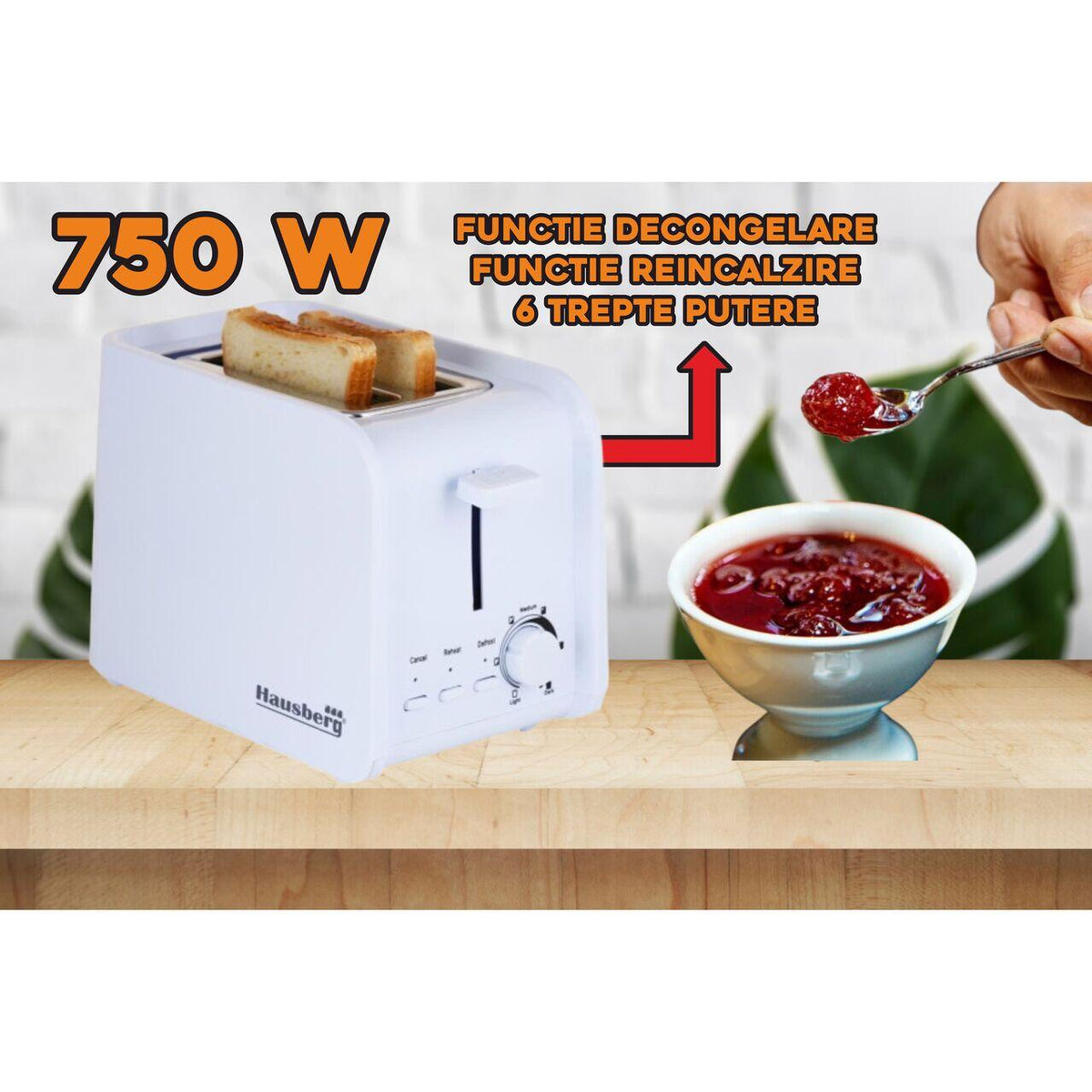 Hausberg HB-195A kenyérpirító, 750 W, 2 szelet, kiolvasztás funkció, újramelegítés funkció, 6 teljesítményfokozat, fehér