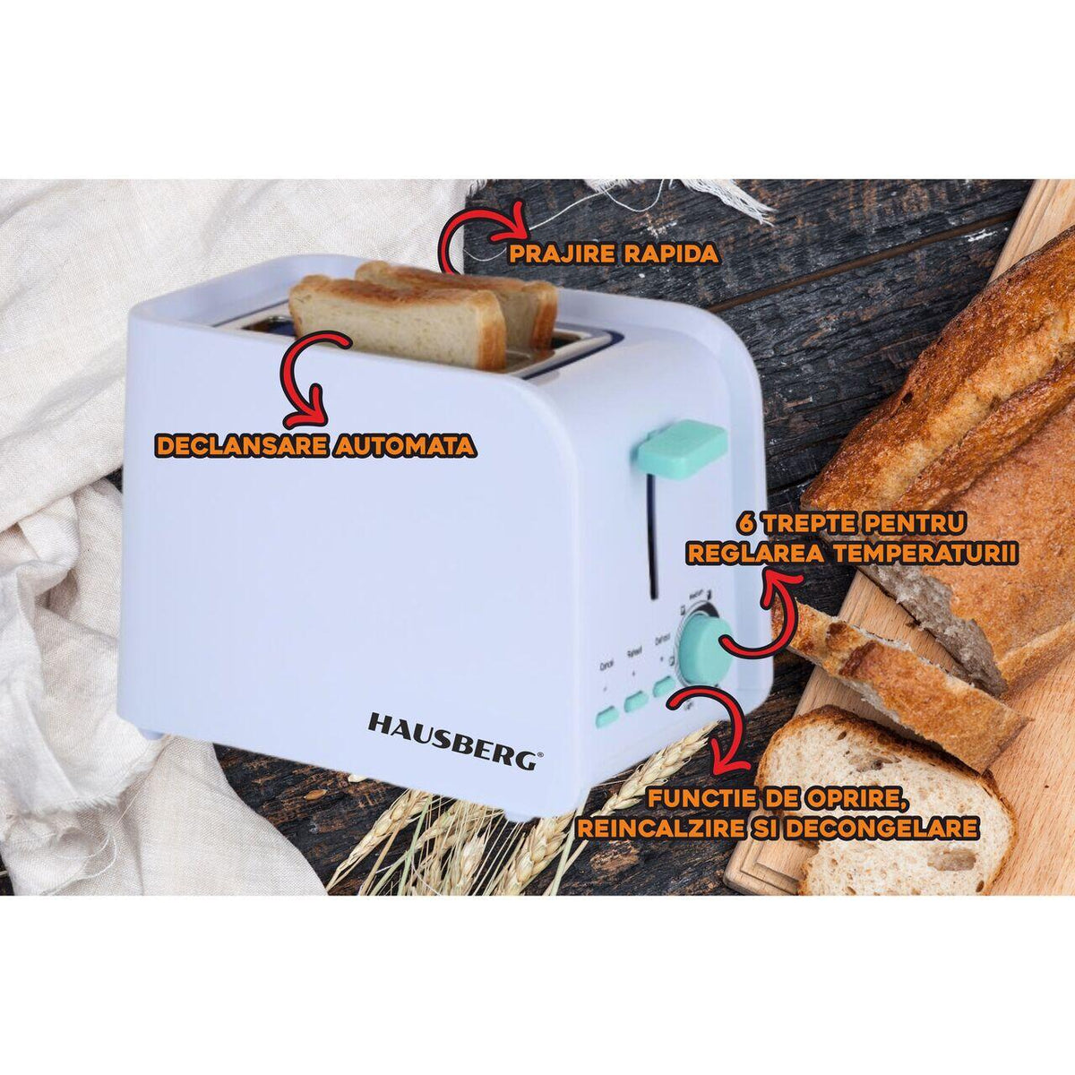 Hausberg HB-195BL kenyérpirító, 750 W, 2 szelet, kiolvasztás funkció, újramelegítés funkció, 6 teljesítményfokozat, fehér/kék