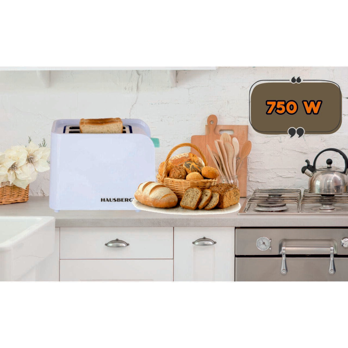 Hausberg HB-195BL kenyérpirító, 750 W, 2 szelet, kiolvasztás funkció, újramelegítés funkció, 6 teljesítményfokozat, fehér/kék