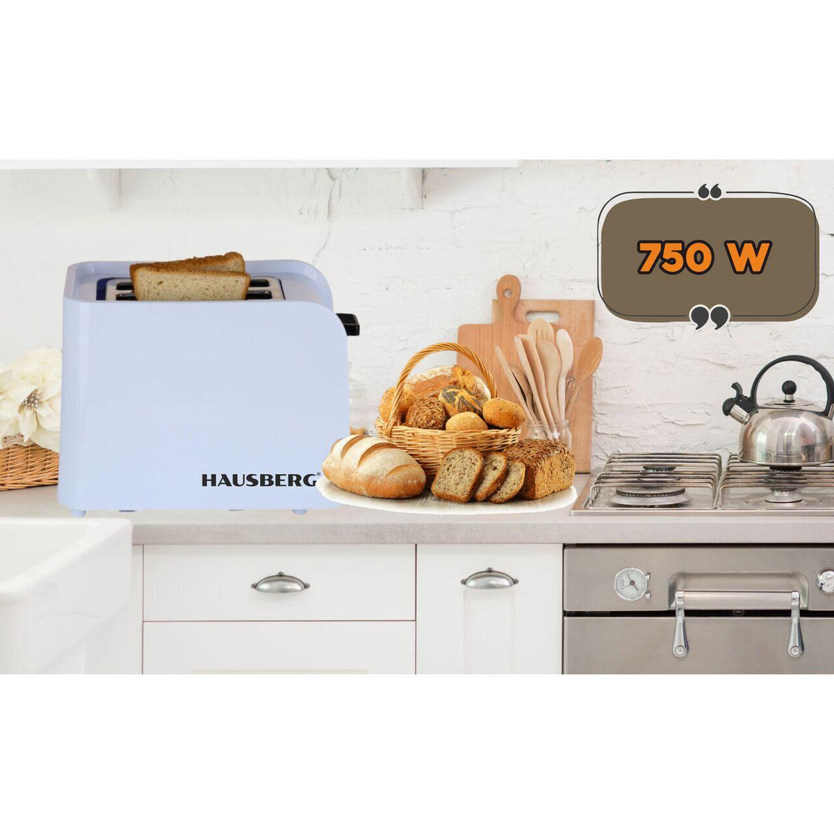 Hausberg HB-195NG kenyérpirító, 750 W, 2 szelet, kiolvasztás funkció, újramelegítés funkció, 6 teljesítményfokozat, fehér/fekete