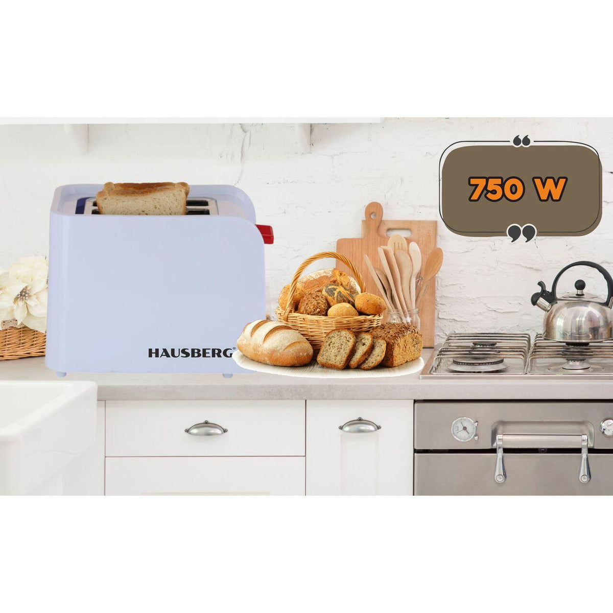 Hausberg HB-195RS kenyérpirító, 750 W, 2 szelet, kiolvasztás funkció, újramelegítés funkció, 6 fokozat, fehér/piros