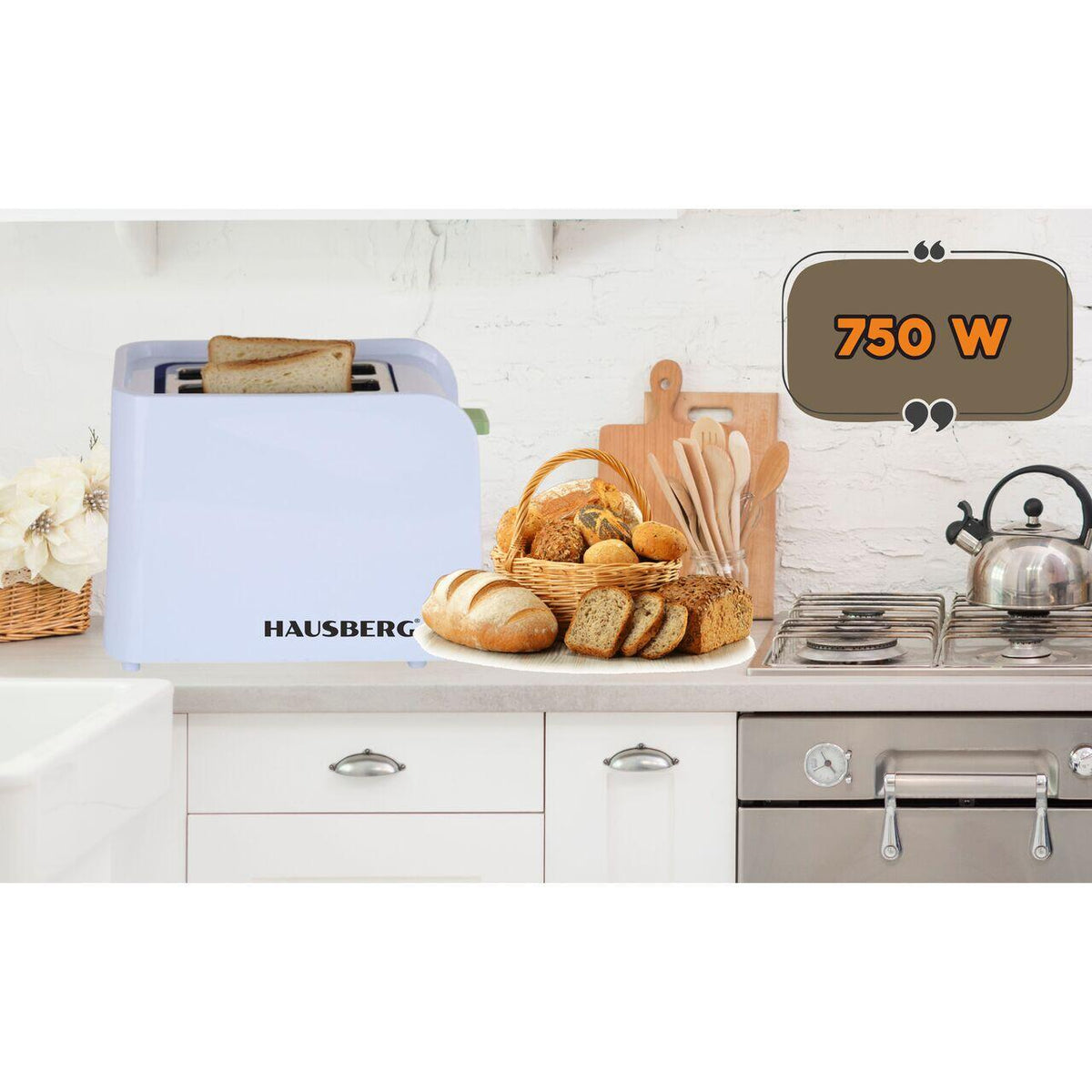 Hausberg HB-195VR kenyérpirító, 750 W, 2 szelet, kiolvasztás funkció, újramelegítés funkció, 6 fokozat, fehér/zöld