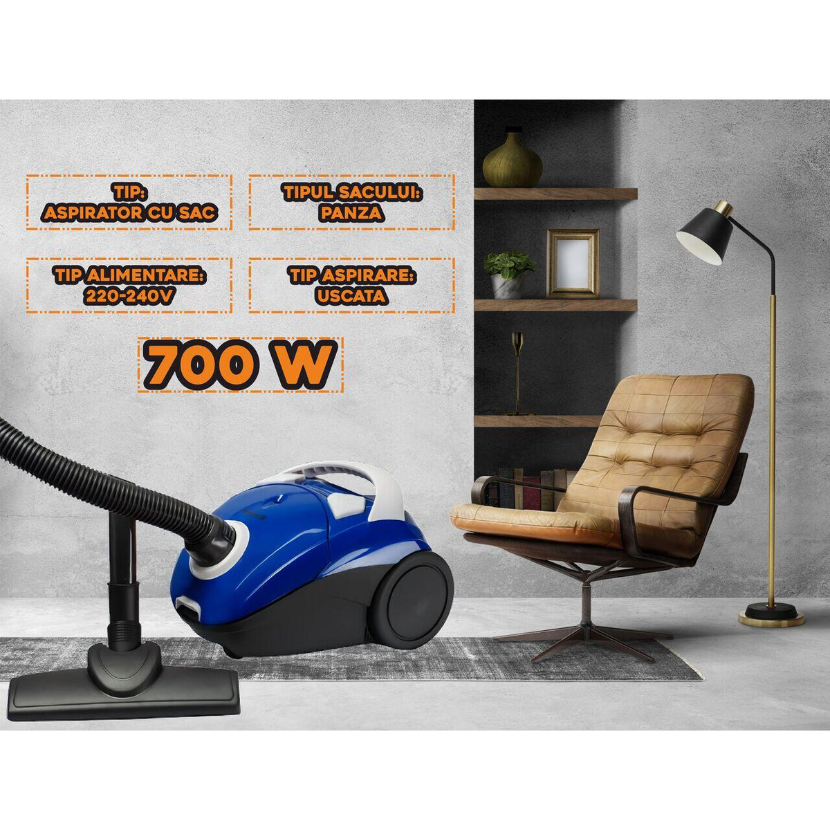 Hausberg HB-2080BL porzsákos porszívó, 700W, 1.5L kapacitás