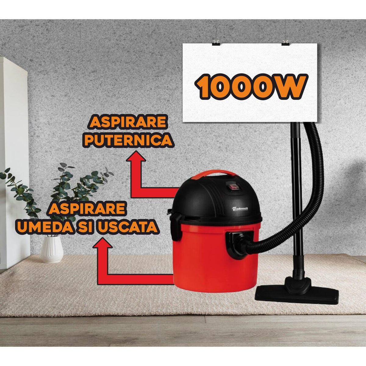 Hausberg HB-2095RZ multifunkcionális porszívó, nedves és száraz szívás, 1200 W, nagy kapacitás 15 L, HEPA szűrő