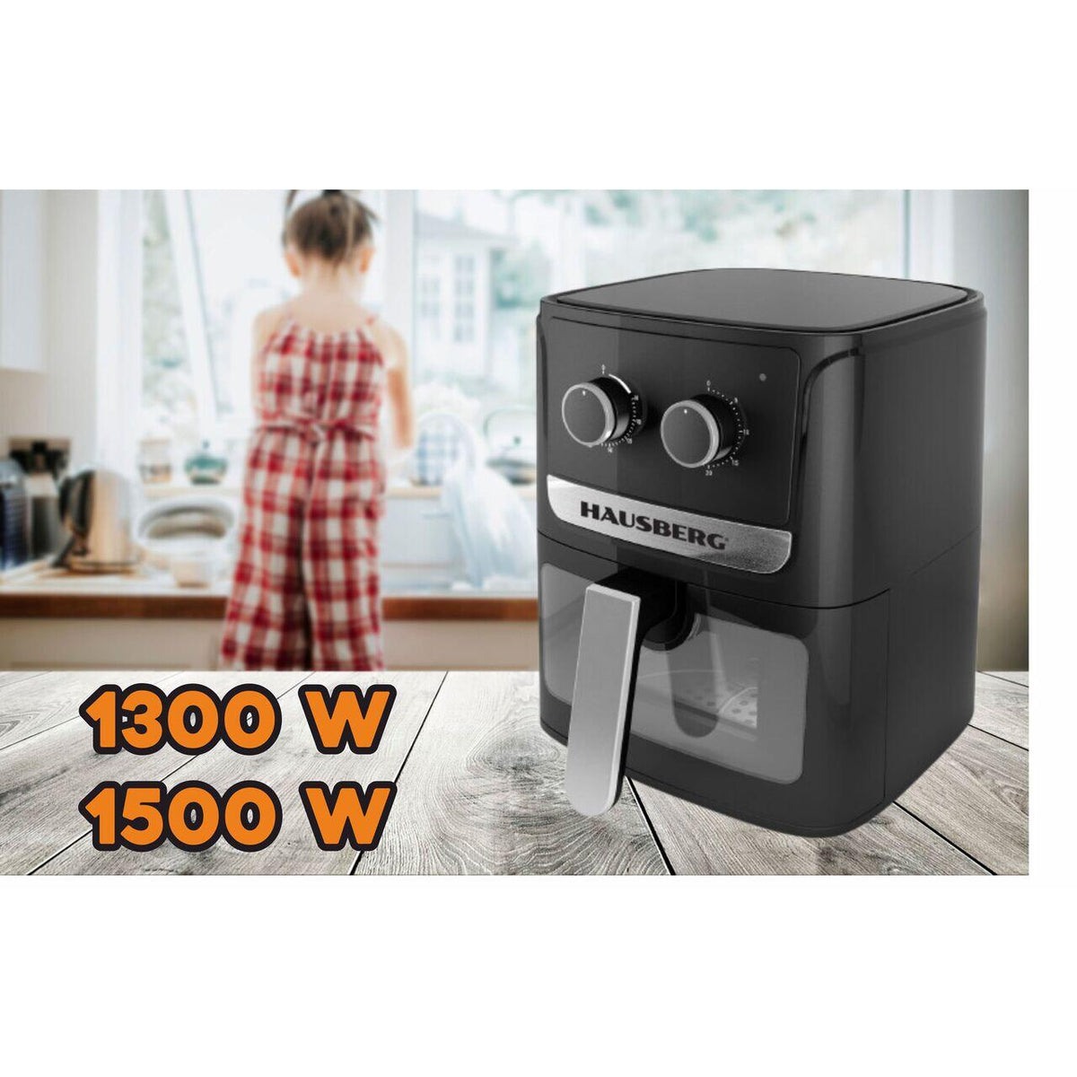 HAUSBERG HB-2340 forrólevegős fritőz, 1300-1500 W, 5 liter, 30 perces időzítő, automatikus kikapcsolás, fényjelző, 80-200 °C között állítható termosztát, túlmelegedés elleni védelem, csúszásmentes lábak