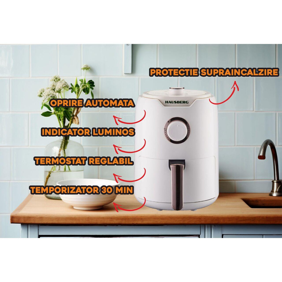 HAUSBERG HB-2351 forrólevegős sütő, 1000-1200 W, 2,6 liter, 30 perces időzítő, automatikus kikapcsolás, fényjelző, állítható termosztát 80-200 C°, túlmelegedés elleni védelem, csúszásmentes lábak