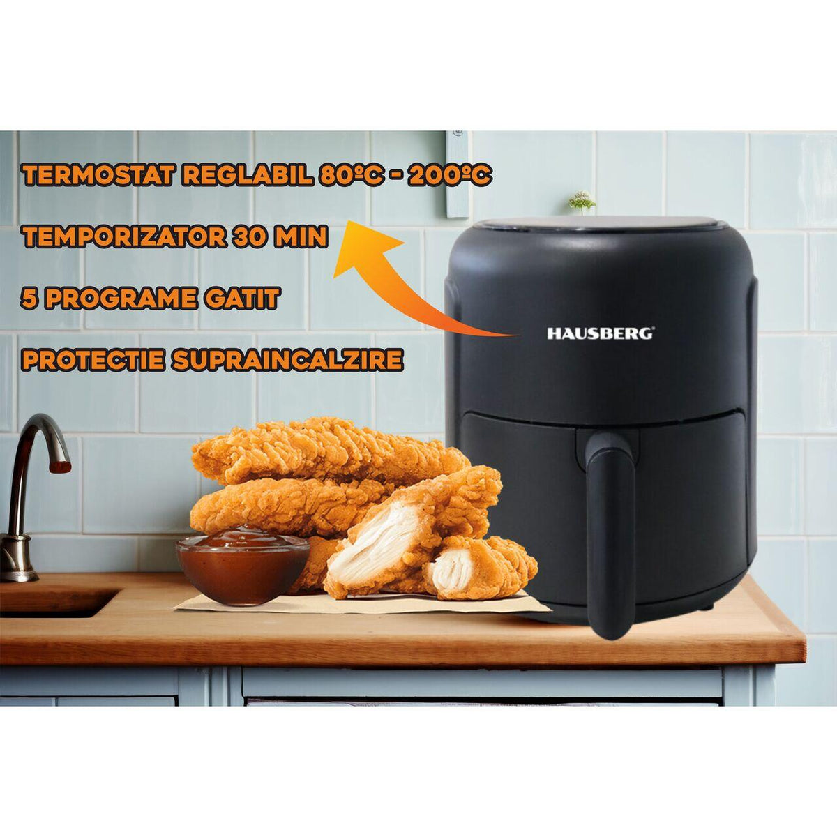 HAUSBERG HB-2356 forrólevegős fritőz, 1000-1200 W, 2,6 liter, 30 perces időzítő, 80-200 °C-ig állítható termosztát, 5 főzési program, túlmelegedés elleni védelem