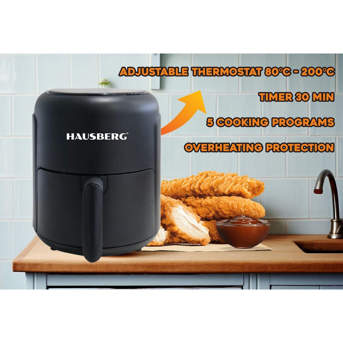 HAUSBERG HB-2356 forrólevegős fritőz, 1000-1200 W, 2,6 liter, 30 perces időzítő, 80-200 °C-ig állítható termosztát, 5 főzési program, túlmelegedés elleni védelem