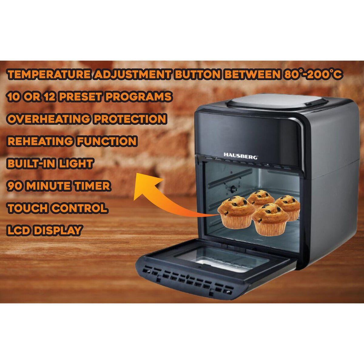 Olajmentes fritőz-Légkeveréses sütő, Air Fryer HAUSBERG HB-2370, 12 program, 12L kapacitás, 1800-2000W teljesítmény, hőmérséklet-szabályozás 80-200°C