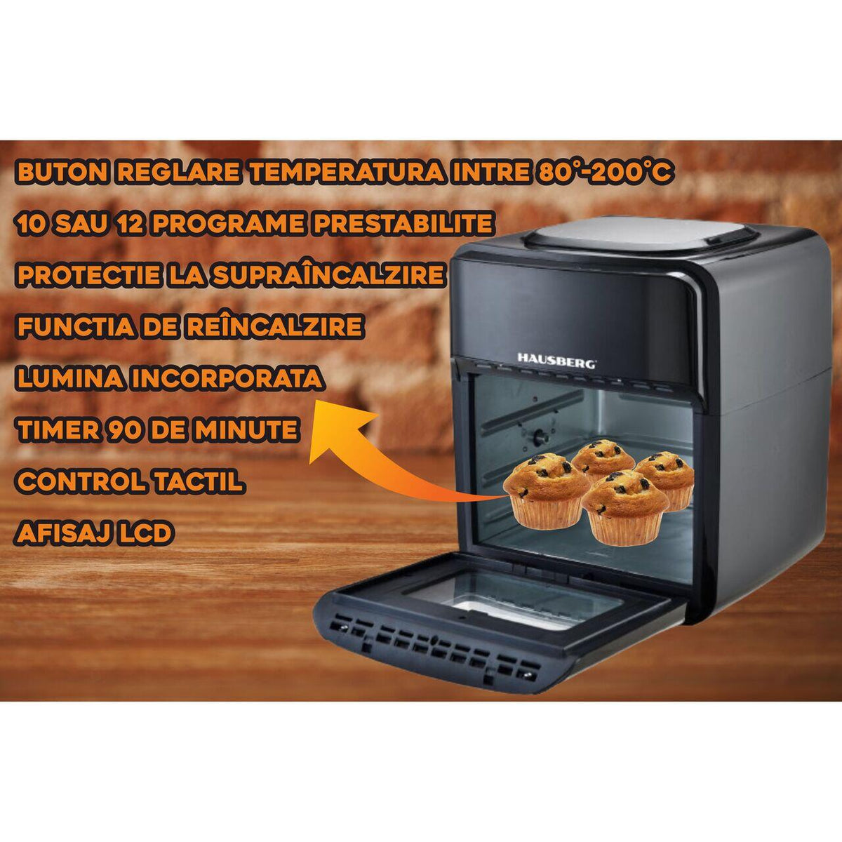 Olajmentes fritőz-Légkeveréses sütő, Air Fryer HAUSBERG HB-2370, 12 program, 12L kapacitás, 1800-2000W teljesítmény, hőmérséklet-szabályozás 80-200°C