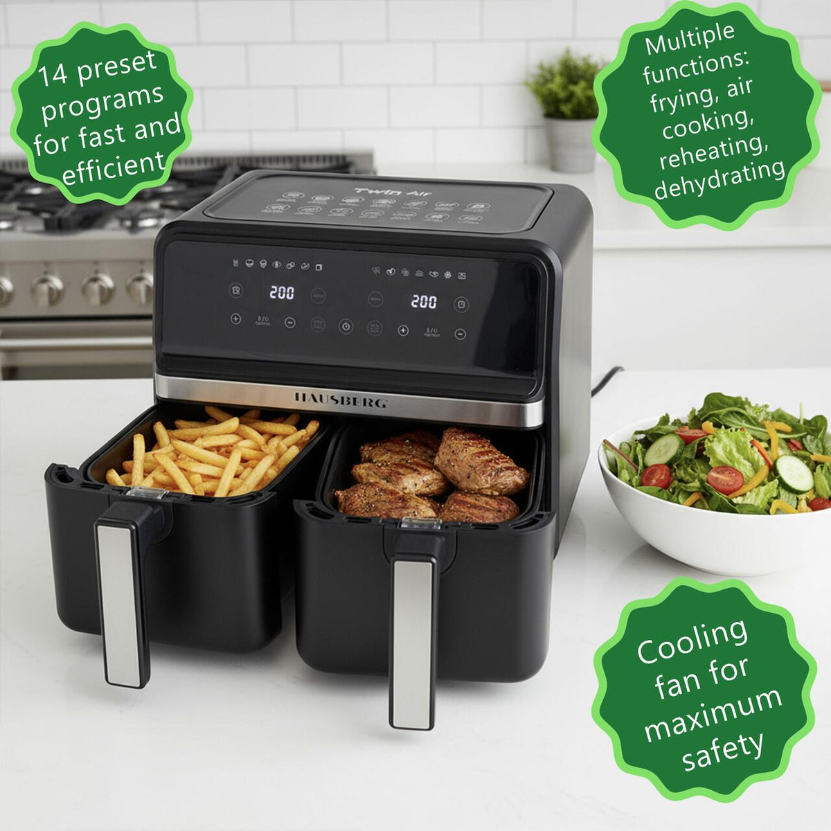 HAUSBERG HB-2373NG dupla forrólevegős fritőz, 2200-2400W, 8.4L kapacitás, állítható termosztát LED kijelzővel, egyedi digitális vezérlés, 14 előre beállított program, 60 perces időzítő, hűtőventilátor