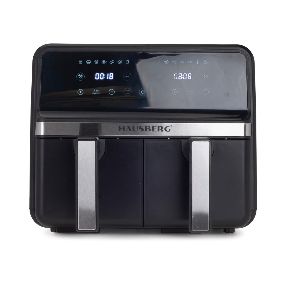 HAUSBERG HB-2373NG dupla forrólevegős fritőz, 2200-2400W, 8.4L kapacitás, állítható termosztát LED kijelzővel, egyedi digitális vezérlés, 14 előre beállított program, 60 perces időzítő, hűtőventilátor