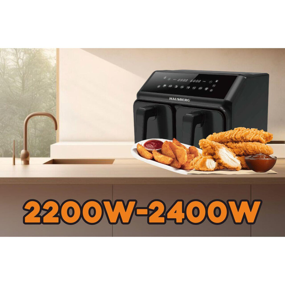 HAUSBERG HB-2375 dupla forrólevegős fritőz, 2200-2400W, 8 liter, időzítő, 8 sütőprogram, 200C