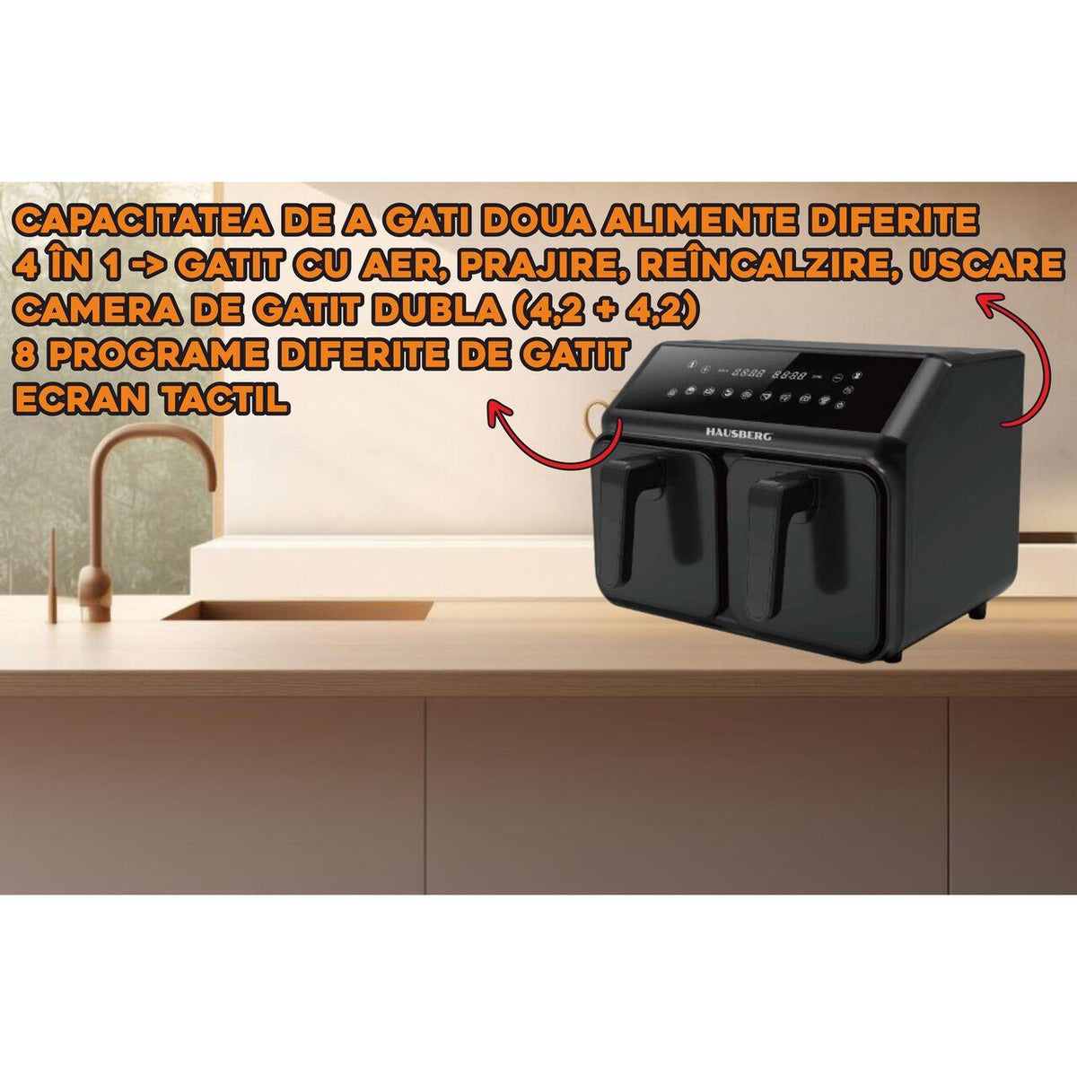 HAUSBERG HB-2375 dupla forrólevegős fritőz, 2200-2400W, 8 liter, időzítő, 8 sütőprogram, 200C