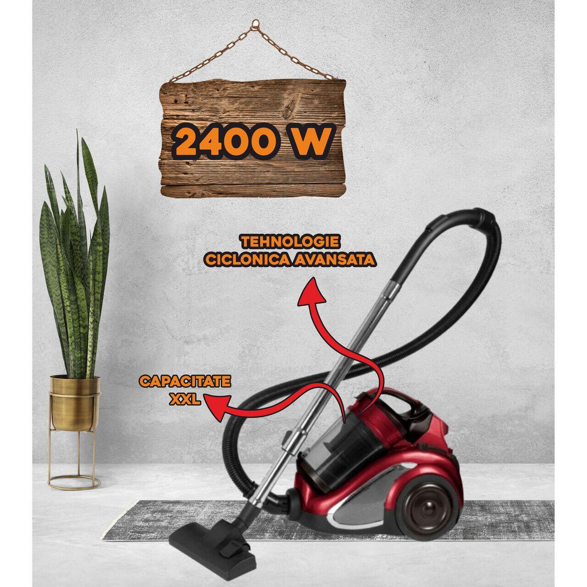 Hausberg HB-2820RS porzsák nélküli porszívó, 2200 W, 4,5 liter, 85 dB, mosható szűrő, multiciklon rendszer, fekete/piros