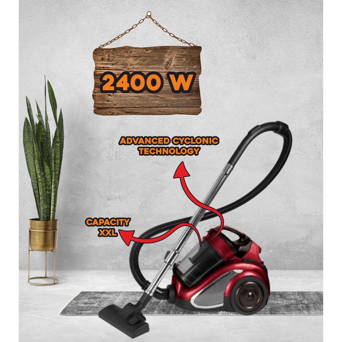 Hausberg HB-2820RS porzsák nélküli porszívó, 2200 W, 4,5 liter, 85 dB, mosható szűrő, multiciklon rendszer, fekete/piros