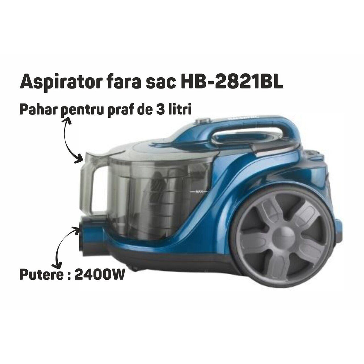 Zsák nélküli porszívó HAUSBERG HB-2821BL, 1200-1800W, multicyclone, száraz tisztítás, 3 liter kapacitás, HEPA szűrő, sebességszabályozás, automatikus kábelfeltekerő