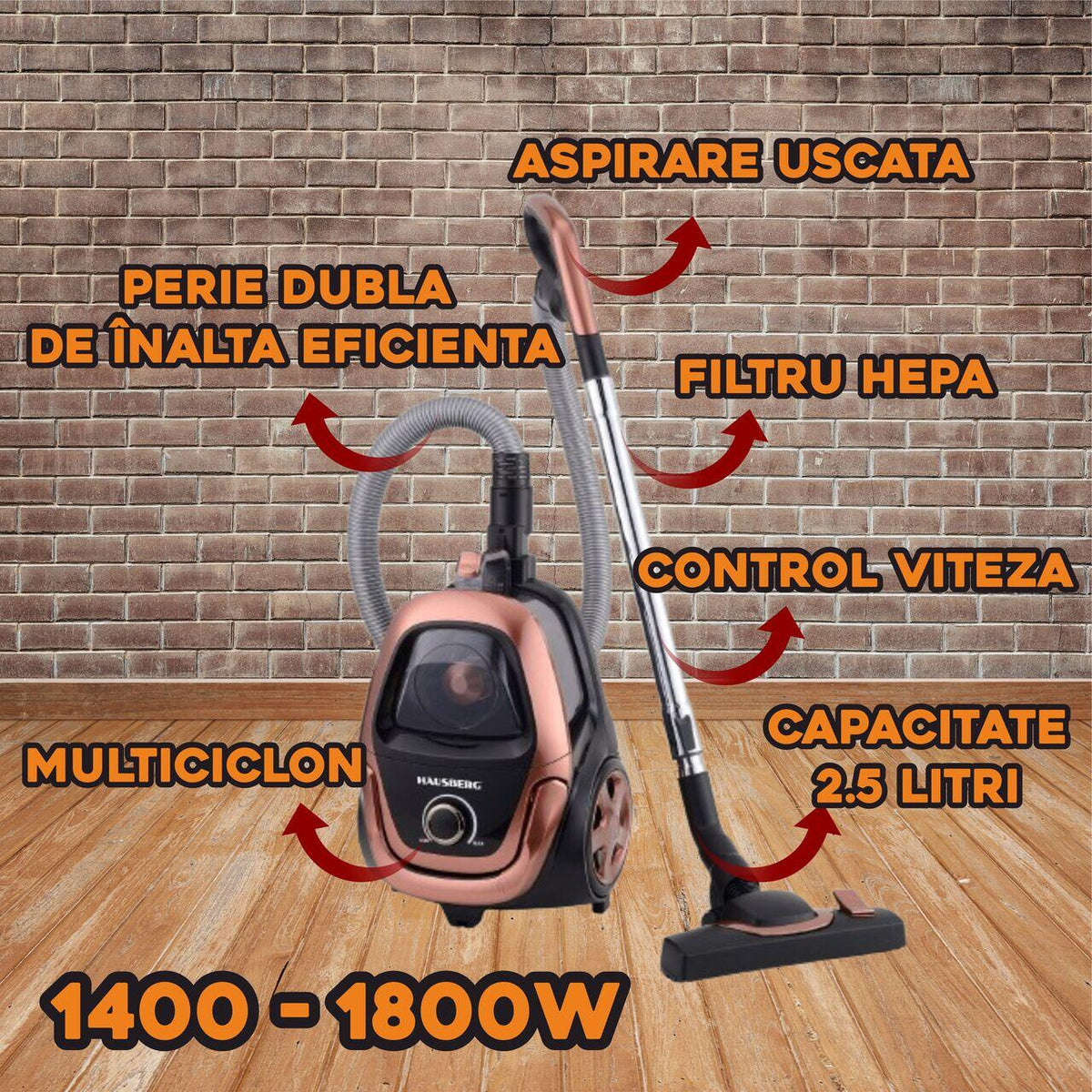 HAUSBERG HB-2823AU porzsák nélküli porszívó, 1400-1800W, multicyclone, száraz tisztítás, 2.5 literes kapacitás, HEPA szűrő, sebességszabályozás, automatikus kábelfeltekerés