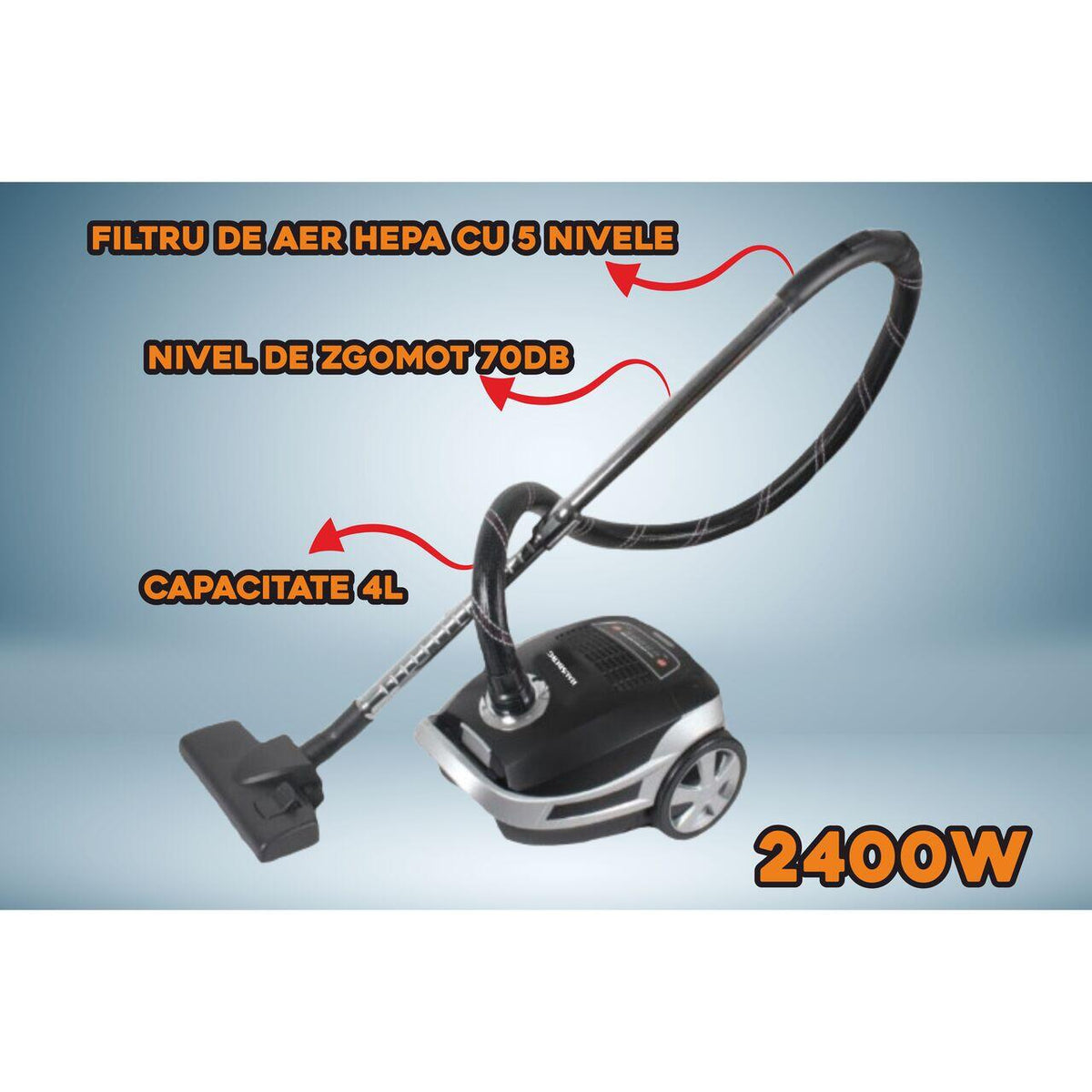 Professzionális porszívó porzsákkal Hausberg HB-2875NG, 2400 W, 70dB zajszint, 4L kapacitás, 5 szintű Hepa légszűrő, 5 m kábelhossz, LED kijelző, erős tömlő