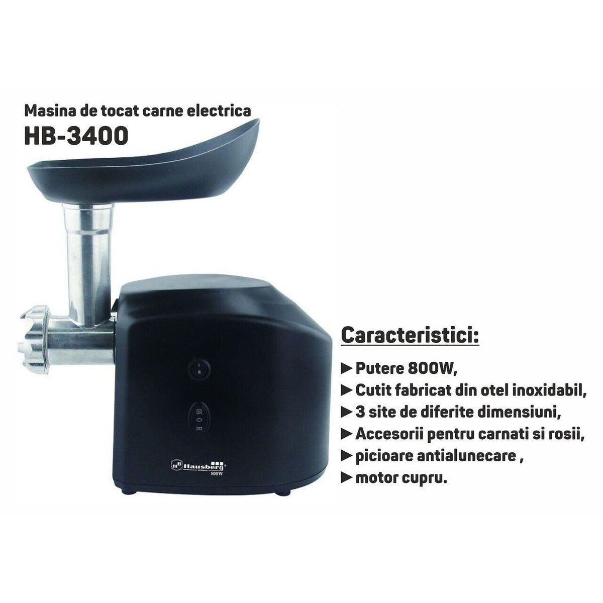 HAUSBERG HB-3400 elektromos húsdaráló, 800 W, rozsdamentes acél kés, csúszásmentes lábak