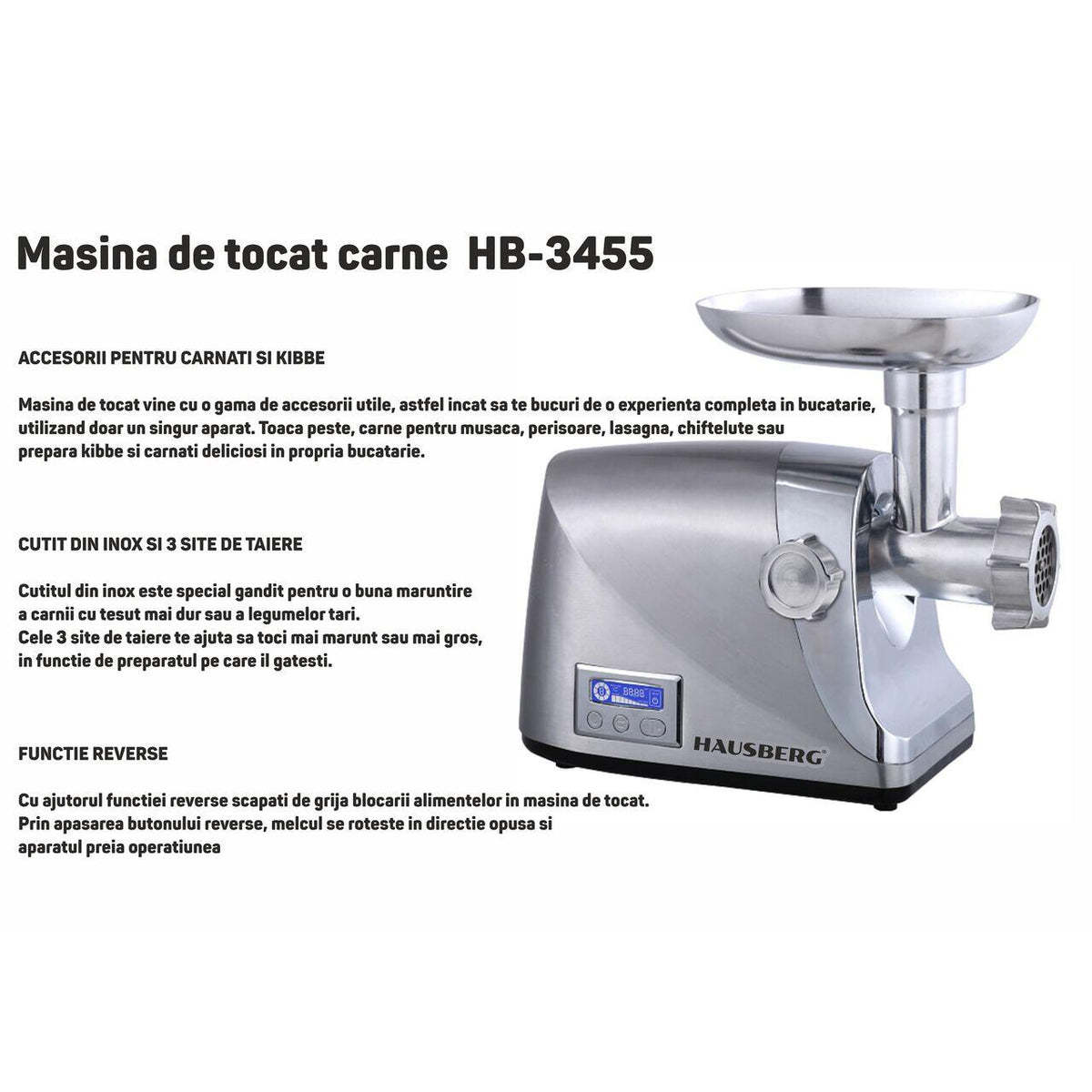 Hausberg HB-3455 húsdaráló, 3500W, 2Kg/perc, zöldségnyomó, alumínium ház, réz motor