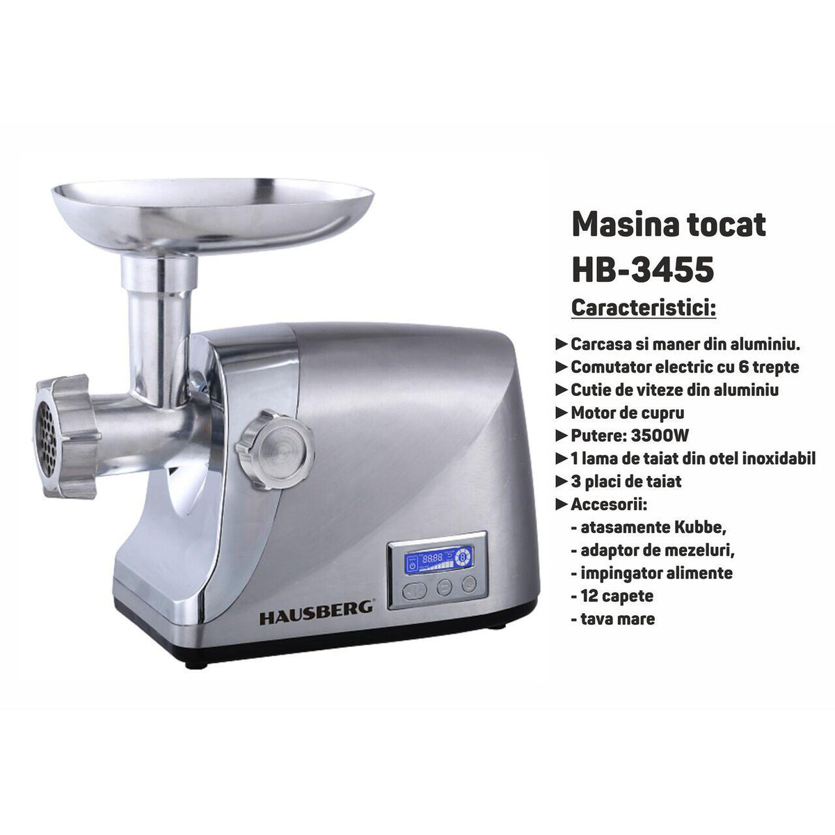 Hausberg HB-3455 húsdaráló, 3500W, 2Kg/perc, zöldségnyomó, alumínium ház, réz motor