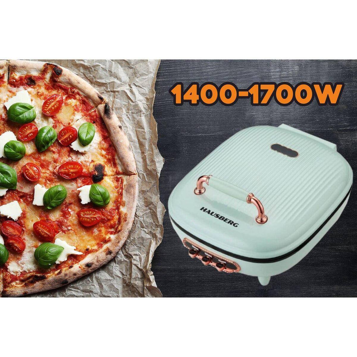 HAUSBERG HB-3565 elektromos pizza- és grillsütő, 1400-1700W, Kétoldalas sütőlap, Termosztát, Bakelit