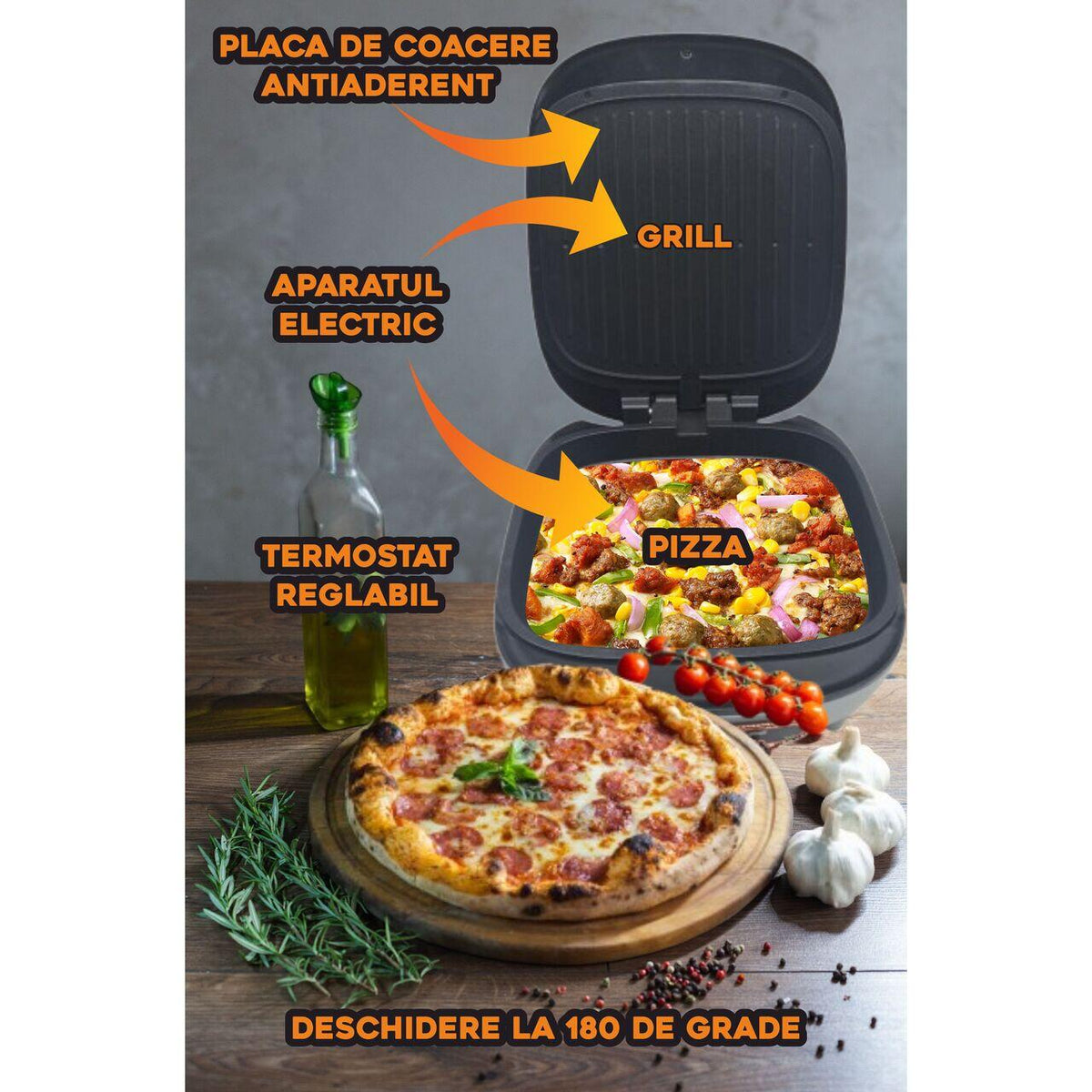 HAUSBERG HB-3565 elektromos pizza- és grillsütő, 1400-1700W, Kétoldalas sütőlap, Termosztát, Bakelit