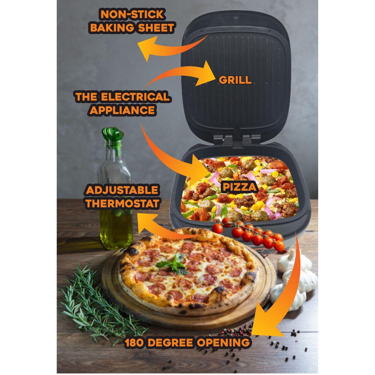 HAUSBERG HB-3565 elektromos pizza- és grillsütő, 1400-1700W, Kétoldalas sütőlap, Termosztát, Bakelit