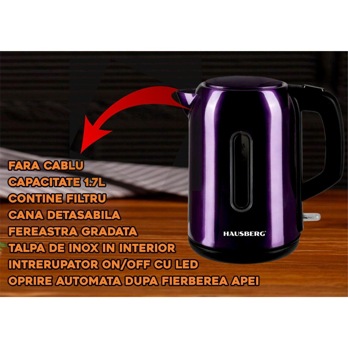 Hausberg HB-3608MV vízforraló, 2200 W, 1,7 l, inox, lila