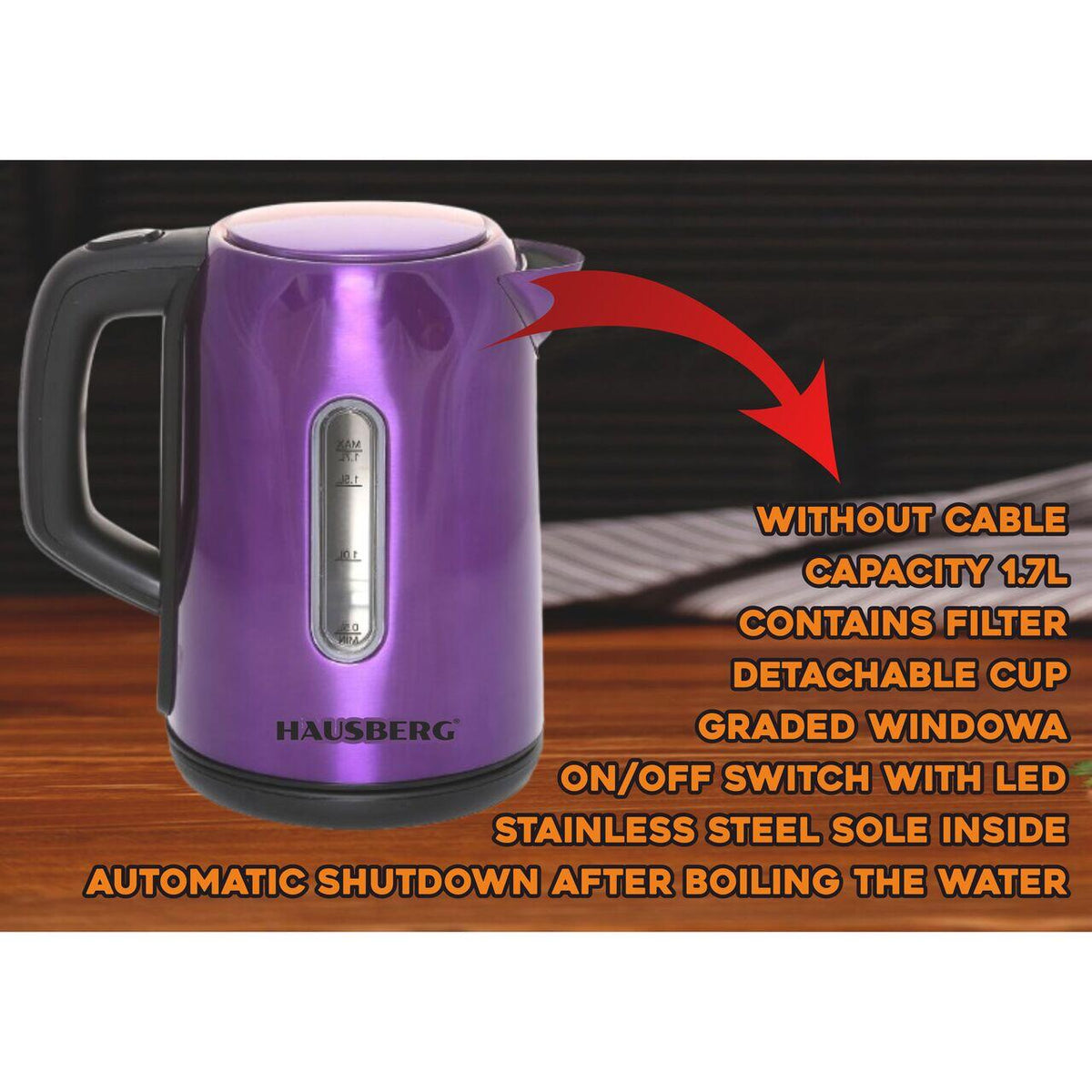 Hausberg HB-3608Mv vízforraló, 2200 W, 1,7 l, inox, lila