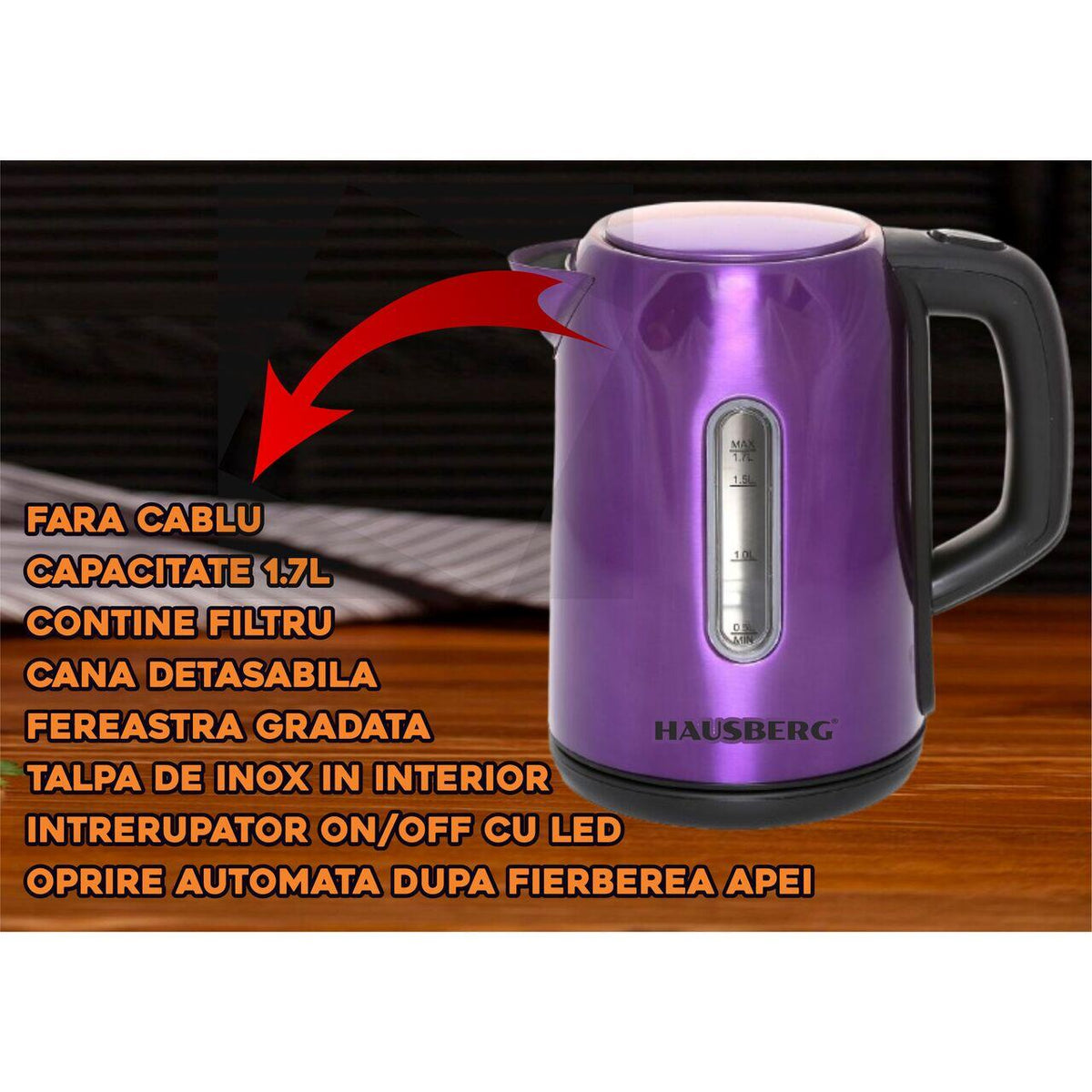 Hausberg HB-3608Mv vízforraló, 2200 W, 1,7 l, inox, lila