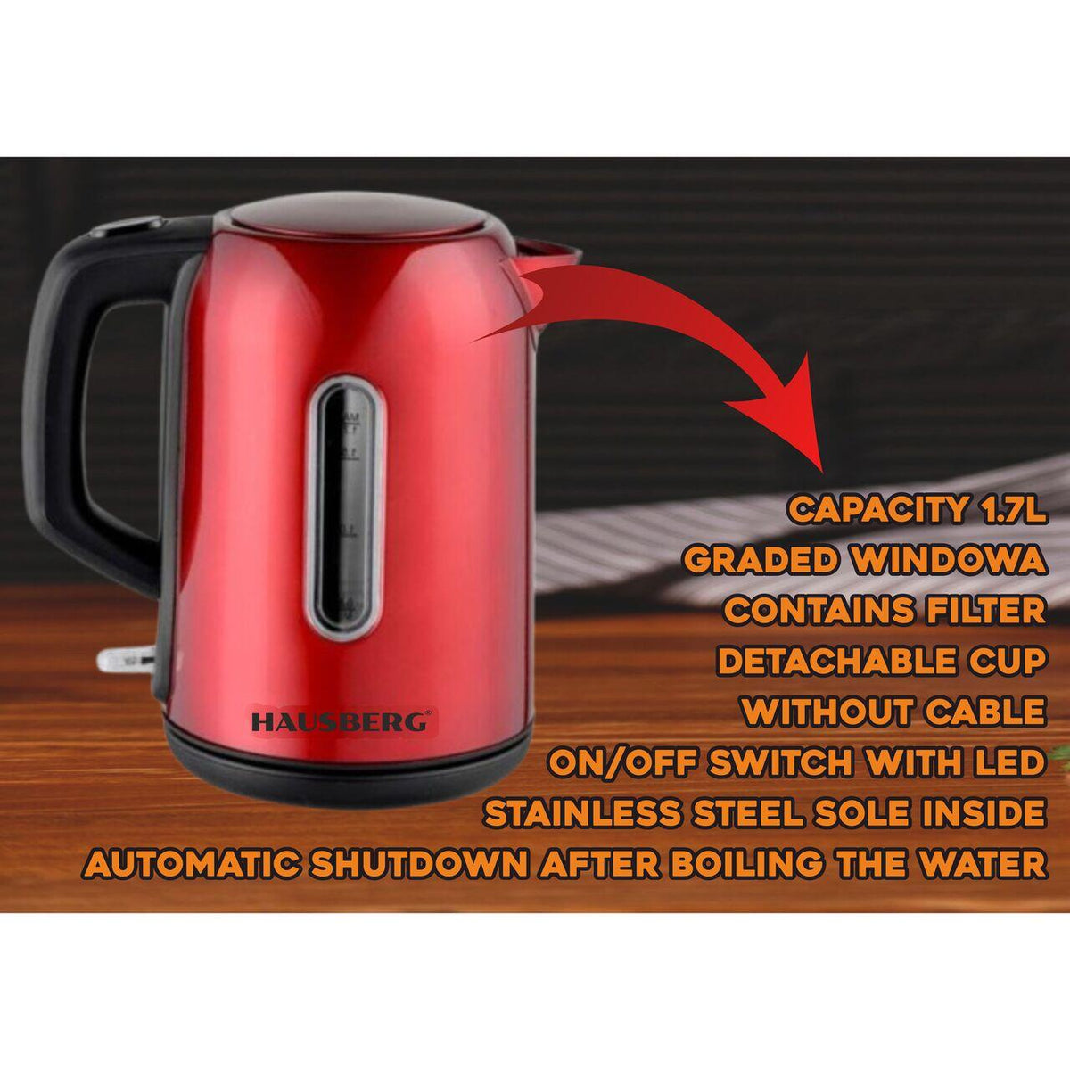Hausberg HB-3608RS vízforraló, 2200 W, 1,7 l, inox, PIROS