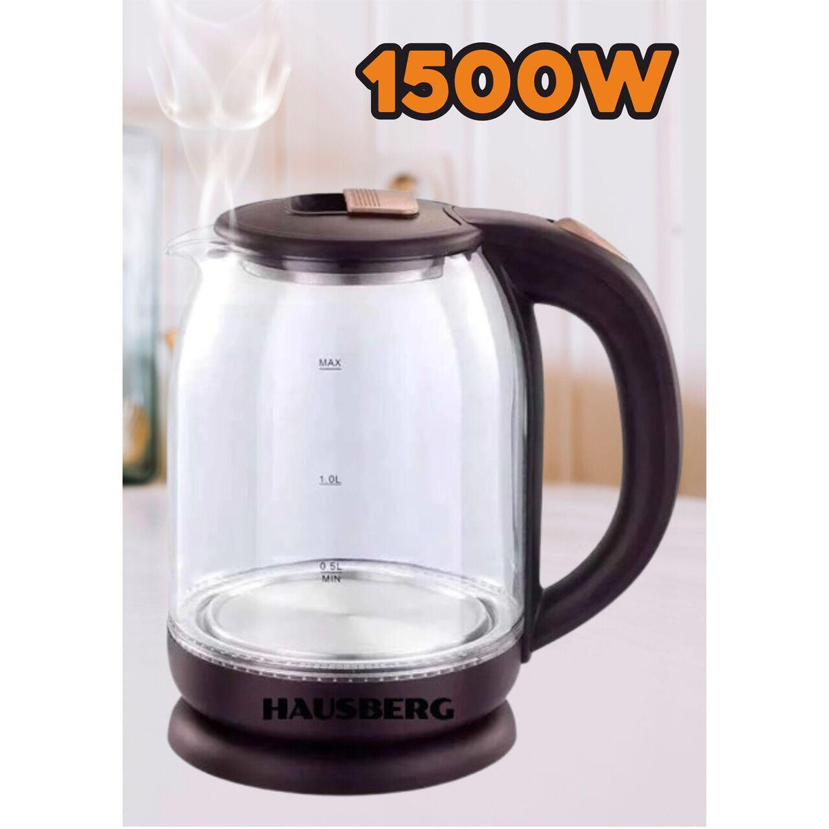 Vízforraló, HAUSBERG HB-3616, 1500 W - 1800 W teljesítmény, 2L űrtartalom, automata kikapcsolás, üveg edény, forgatható talp