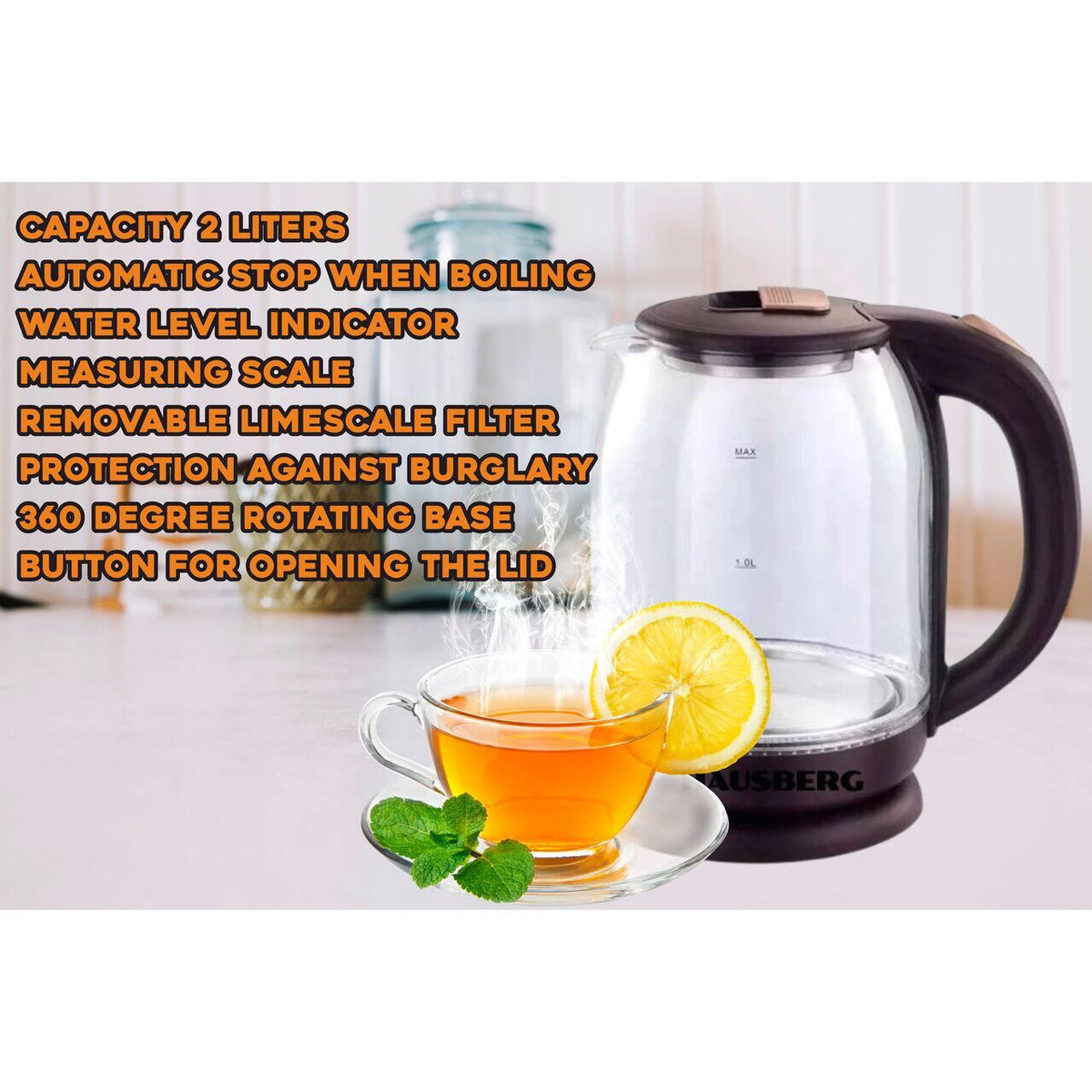 Vízforraló, HAUSBERG HB-3616, 1500 W - 1800 W teljesítmény, 2L űrtartalom, automata kikapcsolás, üveg edény, forgatható talp