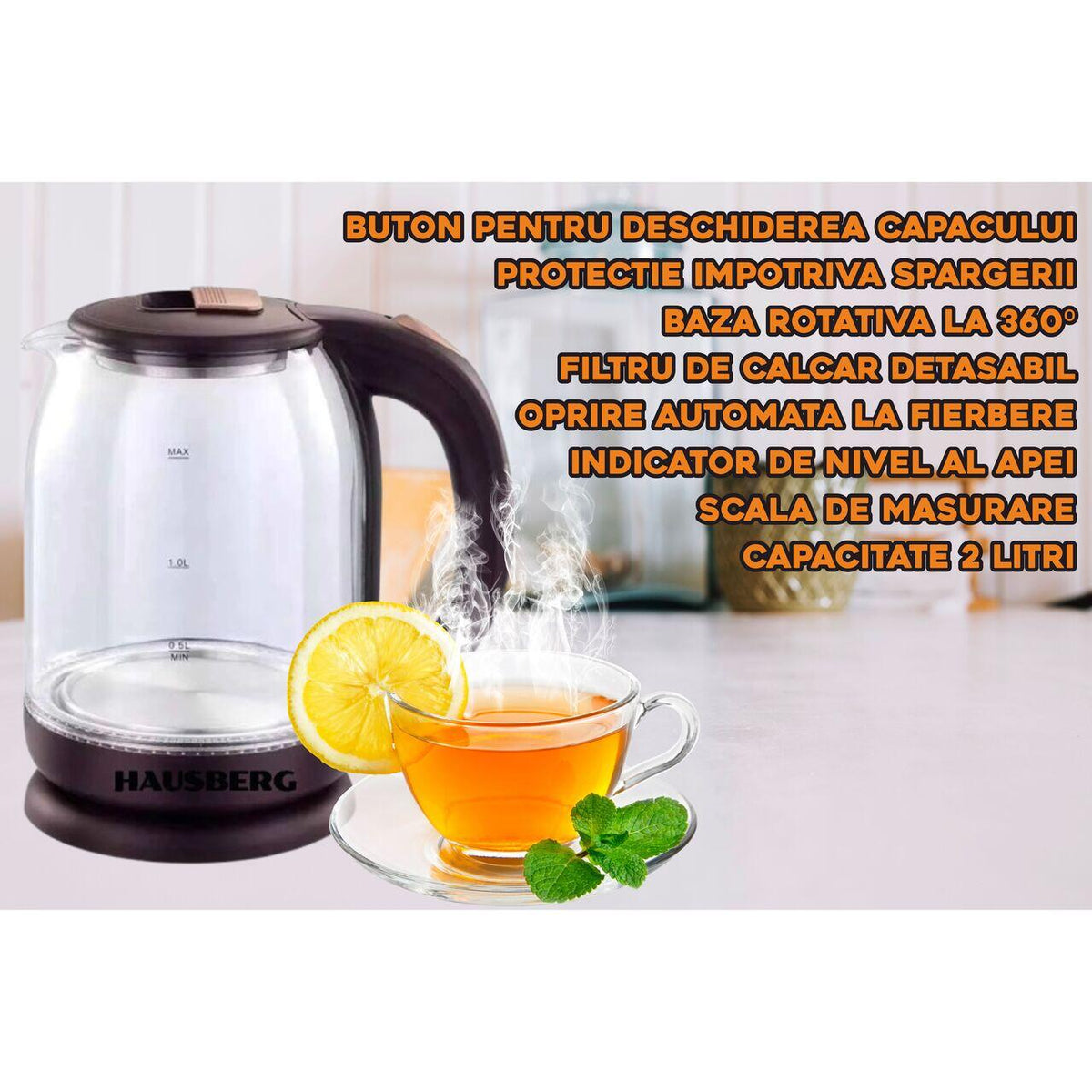 Vízforraló, HAUSBERG HB-3616, 1500 W - 1800 W teljesítmény, 2L űrtartalom, automata kikapcsolás, üveg edény, forgatható talp