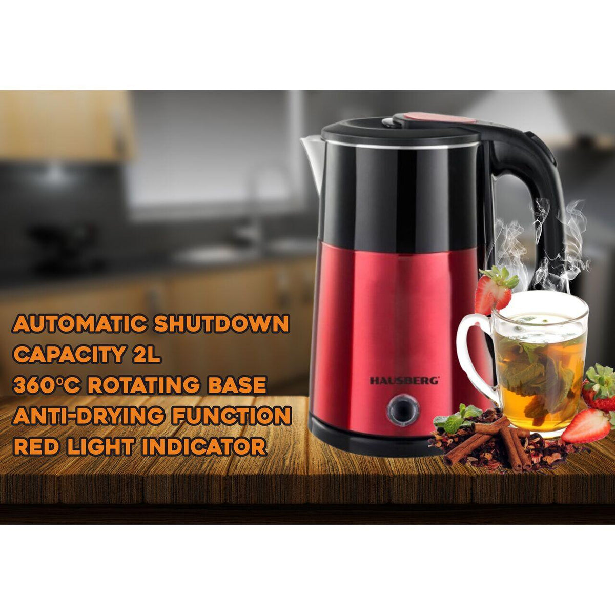 Hausberg HB-3618RS vízforraló, 1500 W, 2 L, 360 fokban forgatható talp, Fényjelző, Automatikus kikapcsolás