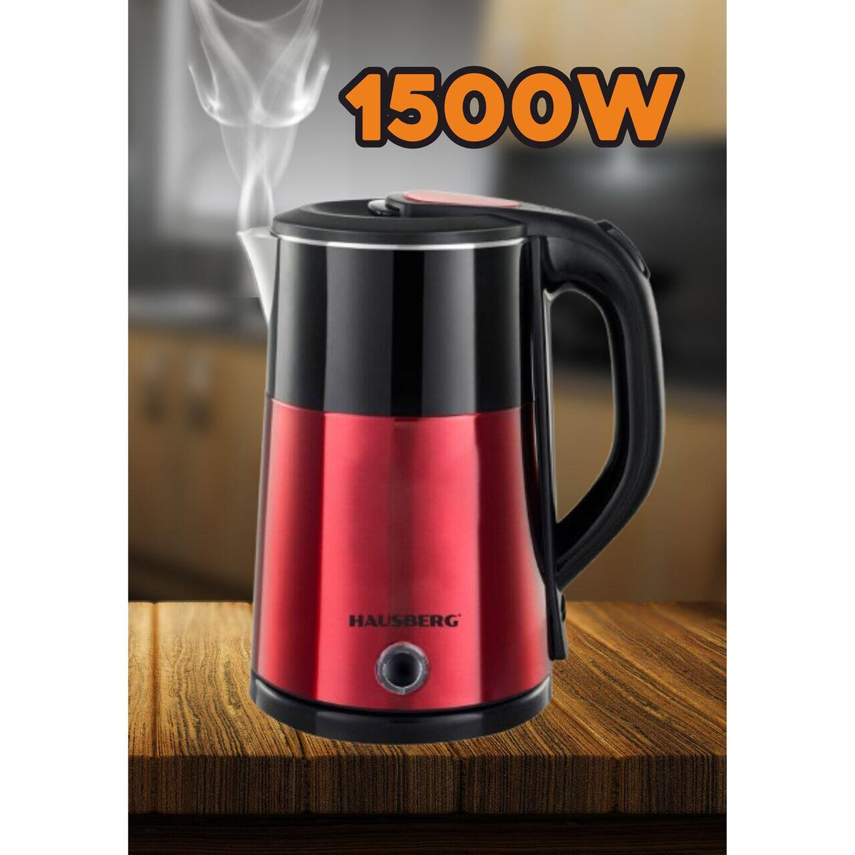 Hausberg HB-3618RS vízforraló, 1500 W, 2 L, 360 fokban forgatható talp, Fényjelző, Automatikus kikapcsolás