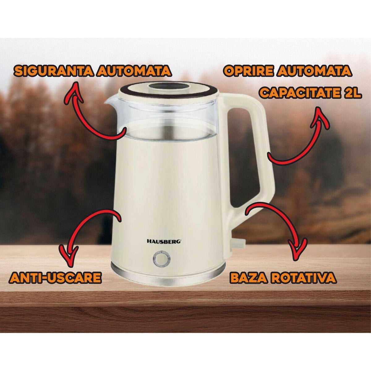 HAUSBERG HB-3619BEJ vízforraló, 1500 - 1800W, 2L űrtartalom, szárazonforgás elleni védelem, automatikus kikapcsolás, rozsdamentes acél, üveg + műanyag