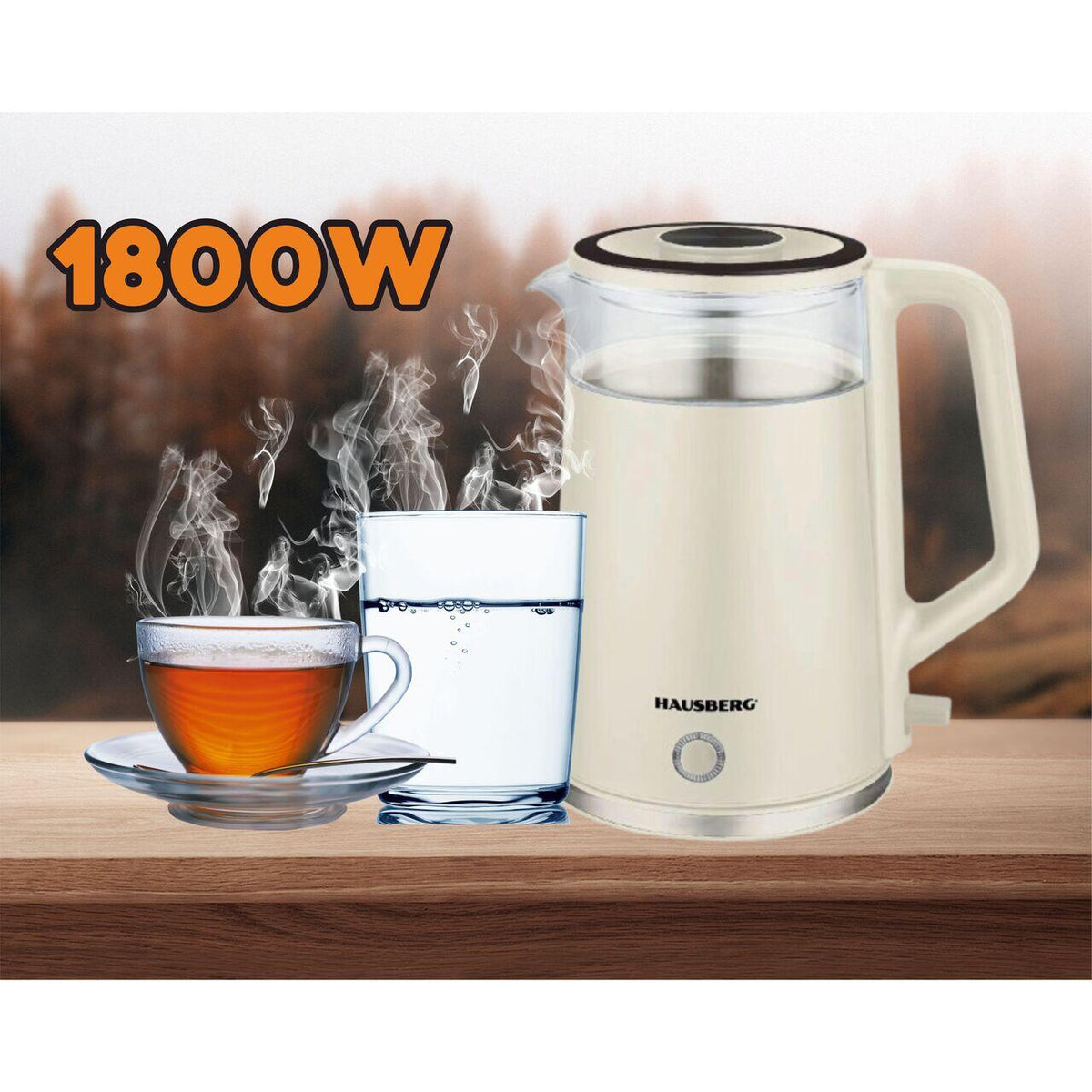 HAUSBERG HB-3619BEJ vízforraló, 1500 - 1800W, 2L űrtartalom, szárazonforgás elleni védelem, automatikus kikapcsolás, rozsdamentes acél, üveg + műanyag