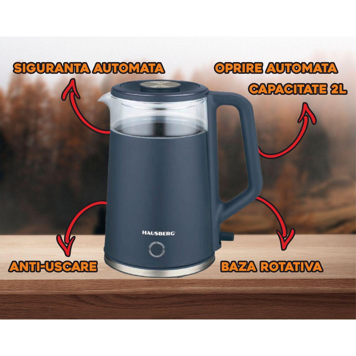 HAUSBERG HB-3619BL vízforraló, 1500 - 1800W, 2L űrtartalom, szárazon forralás elleni védelem, automata kikapcsolás, inox, üveg + kék műanyag