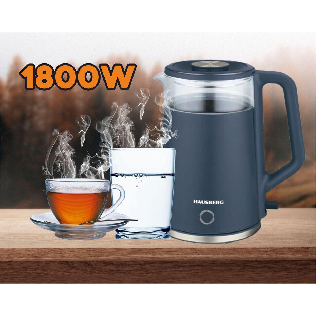 HAUSBERG HB-3619BL vízforraló, 1500 - 1800W, 2L űrtartalom, szárazon forralás elleni védelem, automata kikapcsolás, inox, üveg + kék műanyag