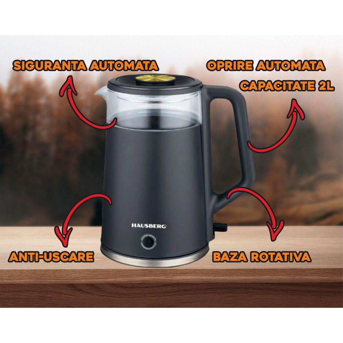 HAUSBERG HB-3619NG vízforraló, 1500 - 1800 W, 2 l űrtartalom, szárazonforgás elleni védelem, automata kikapcsolás, inox, üveg + műanyag, fekete